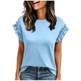 thumbnail image 3 of ClodeEU Women's Crew Neck Ruffle Sleeve T-Shirt,Solid Short Sleeve Casual Tee Sky Blue,Women's Plus XL, 3 of 7