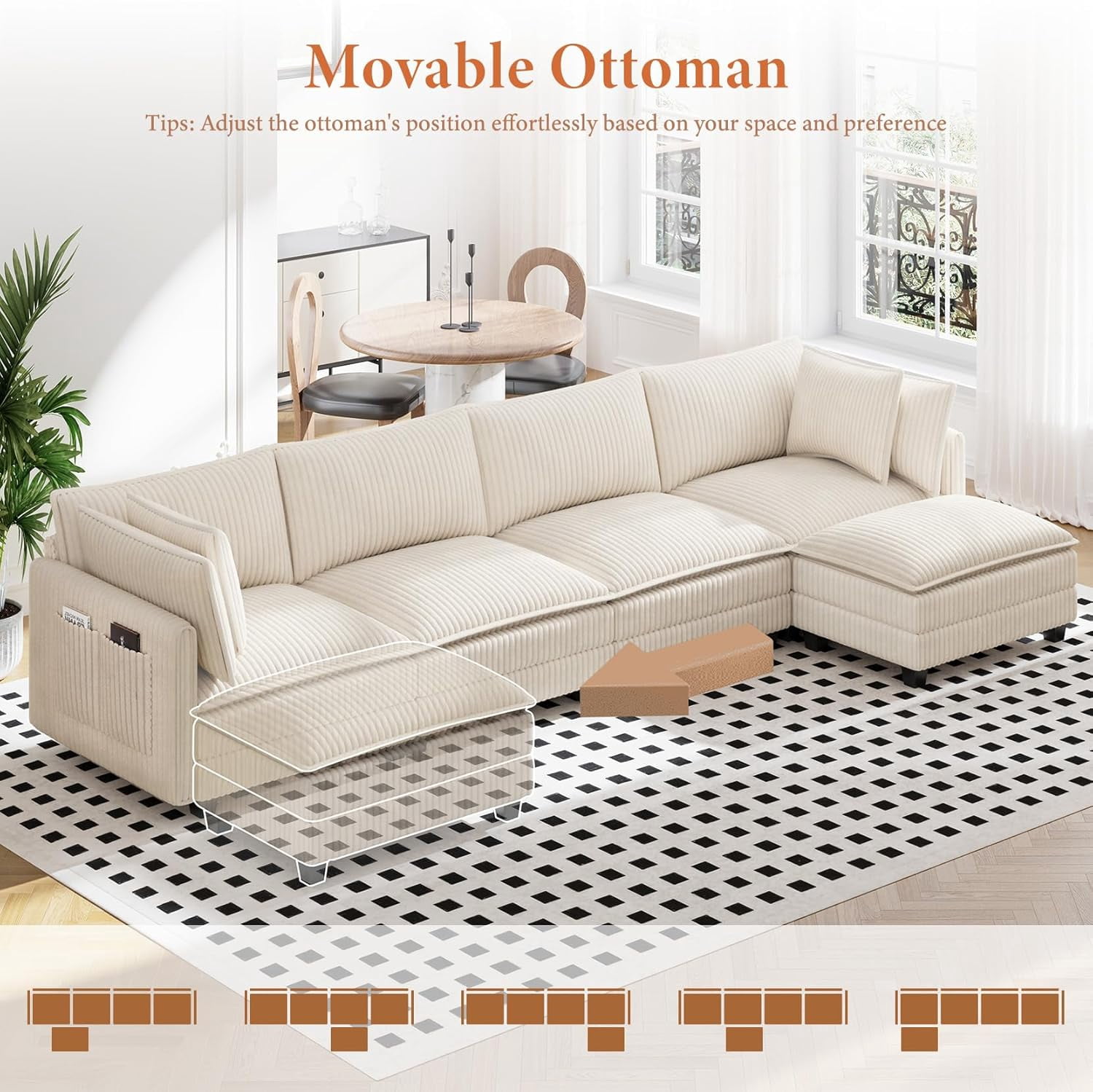 Neche 143" L Shaped Modular Sectional Sofa, Comfy Corduroy Upholstered Modular Sectional Couches for Living Room, Modern Cloud Couch with Ottoman Deep Seat, Beige