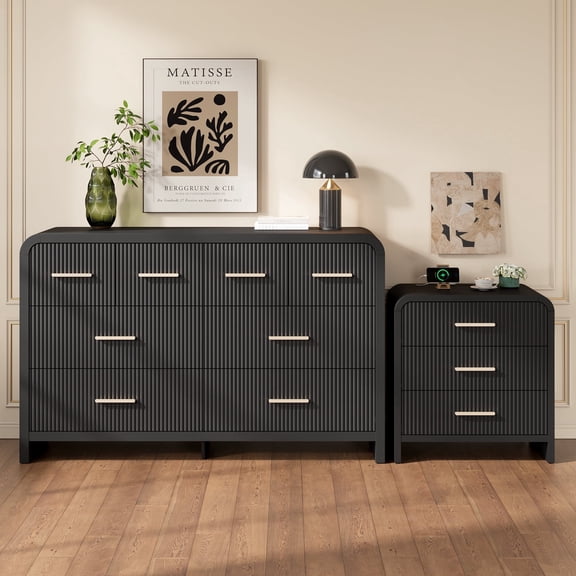 HUJAUU 2-Piece Black Dresser and Nightstand Set, 8-Drawer Fluted Dresser with Spacious Tabletop & 3-Drawer Nightstand with Charging Station