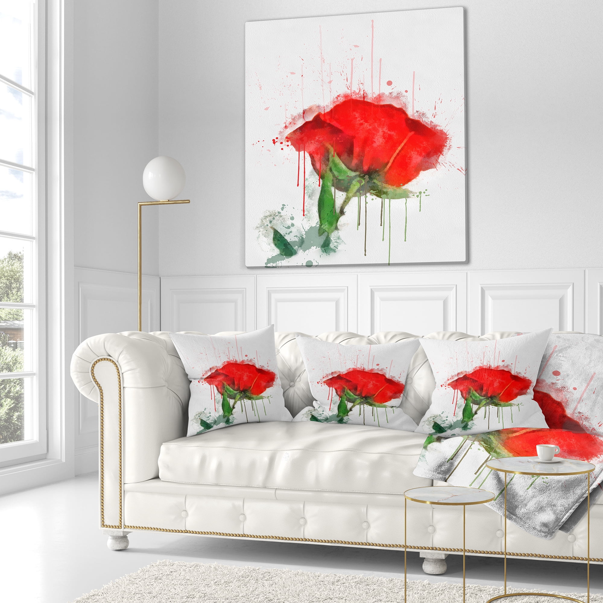 Designart Red Rose Hand drawn Painting - Floral Throw Pillow - 16x16