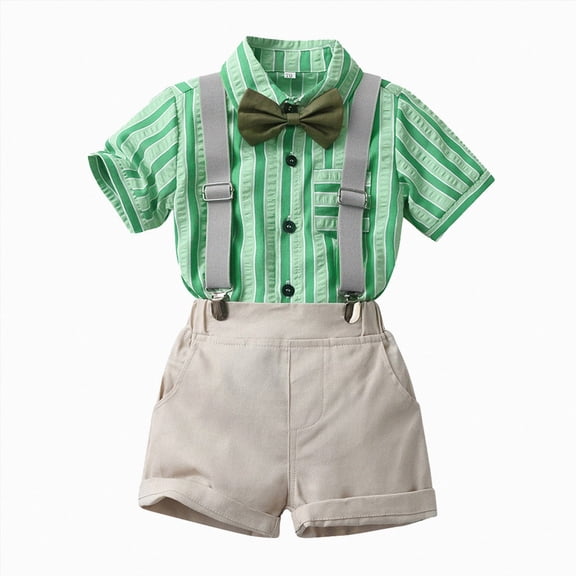 NIEWTR Toddler Baby Gentleman Outfits Clothes Boys Gentleman Suit Short Sleeve Shirt Bowtie Suspenders Shorts 2 Pcs Wedding Set(A-Grey,12-18 Months)