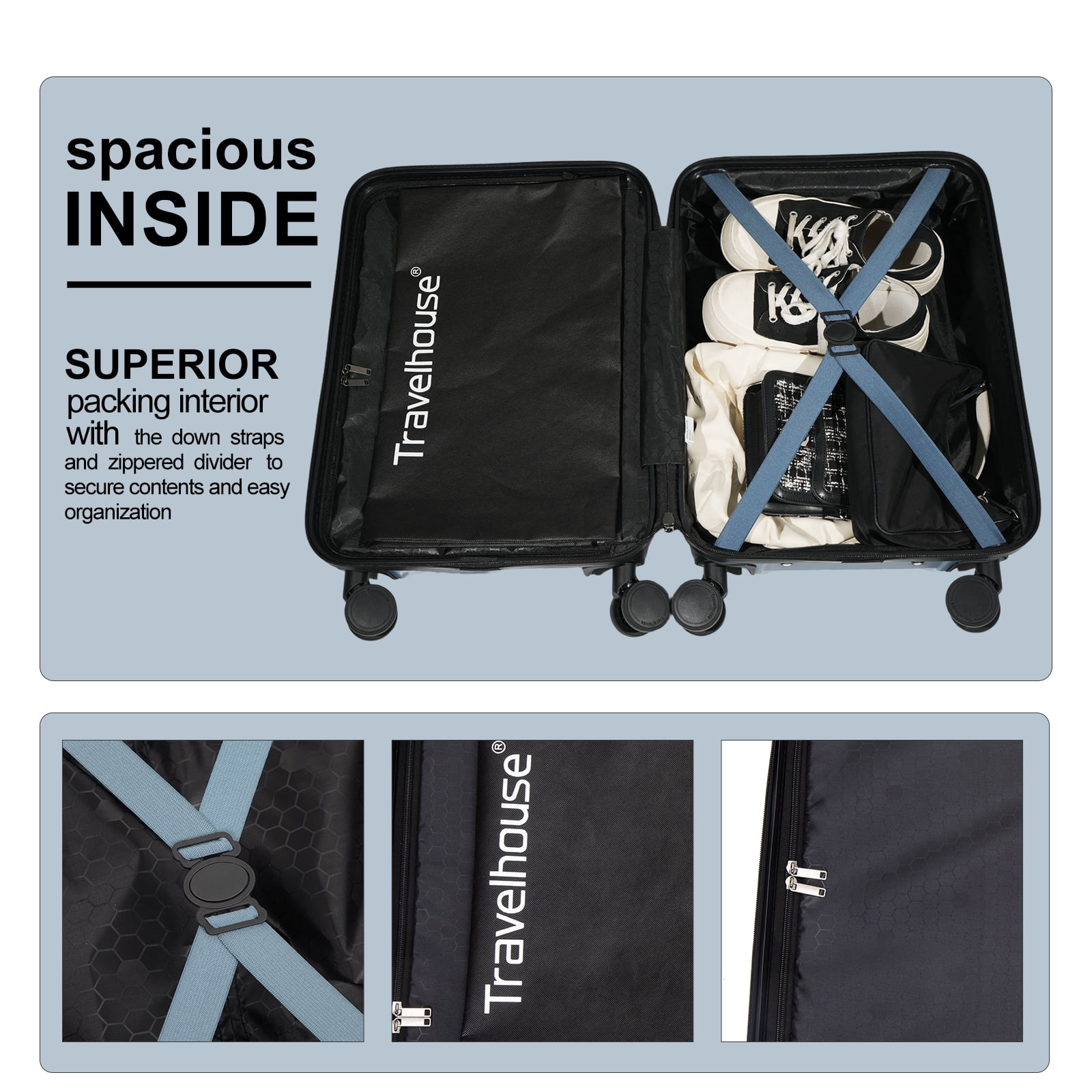 Travelhouse 20" Underseat Hard-Sided Carry-On Luggage, Spinner Wheels, ABS,Blue