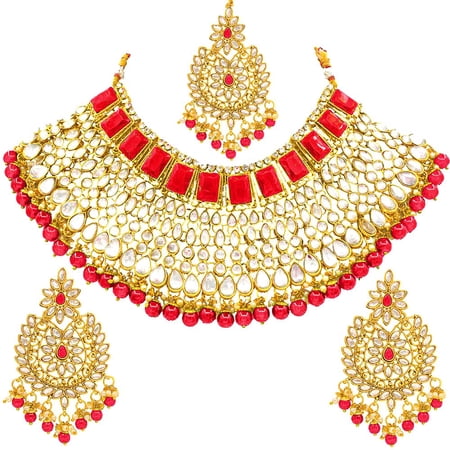 Radhna Ethnic Indian Gold Plated Kundan Jewelry Set with Choker Earrings Maang Tikka Set for Women - 90001Red