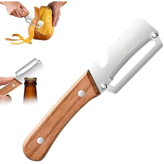 Kitchen Multi-function Stainless Steel Thickened Fruit Peeler Knife, 2 in 1 Multi Functional Vegetable Peeler with Bottle Opener and Wooden Handle Stainless Steel Blade Kitchen Tool (1pcs)