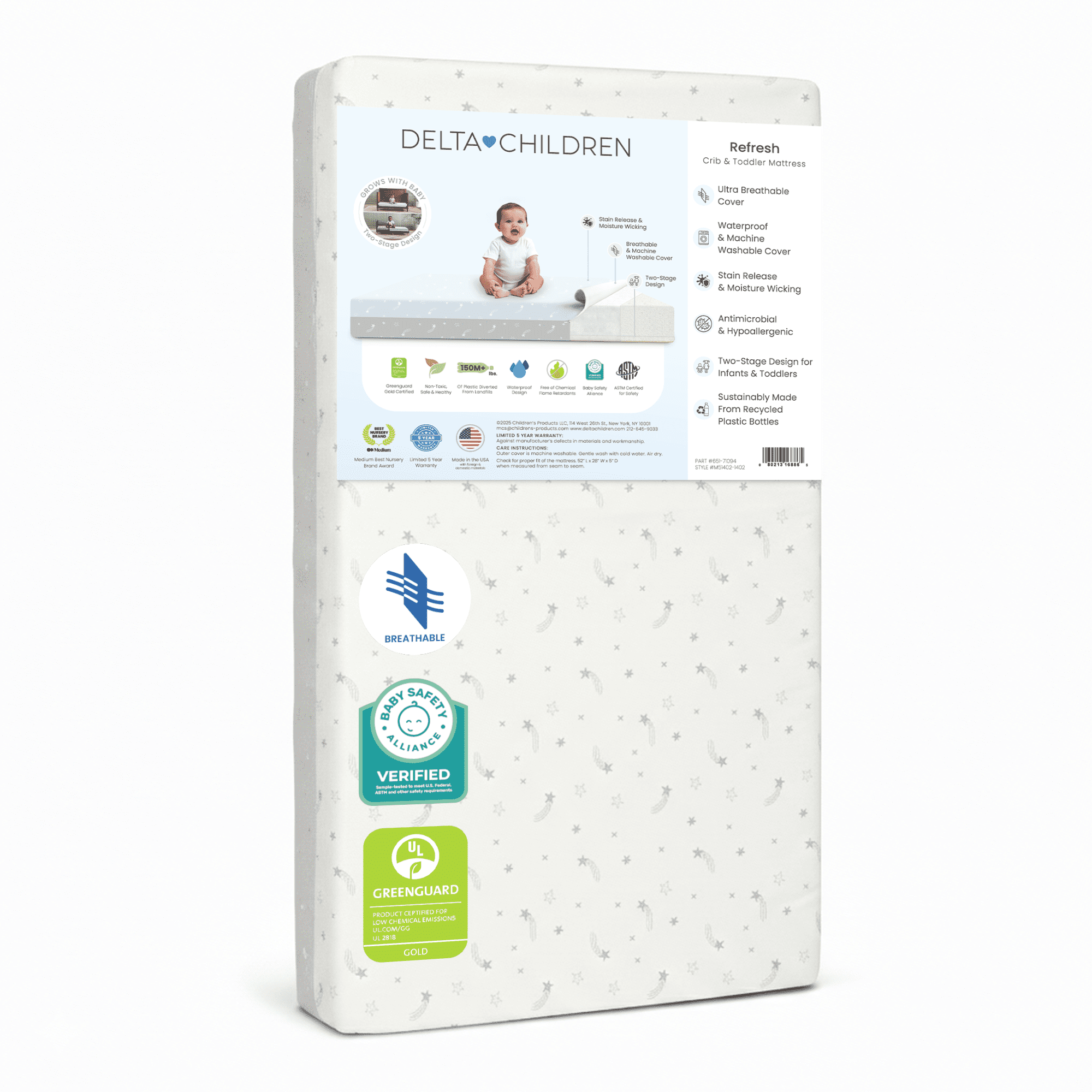 Delta Children Refresh 2-Stage Crib and Toddler Mattress - Breathable Cover and Core - Machine Washable - GREENGUARD Gold – Waterproof - Sustainably Sourced Core, Grey