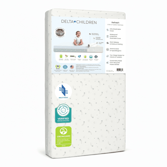 Delta Children Refresh 2-Stage Crib and Toddler Mattress - Breathable Cover and Core - Machine Washable - GREENGUARD Gold – Waterproof - Sustainably Sourced Core, Grey