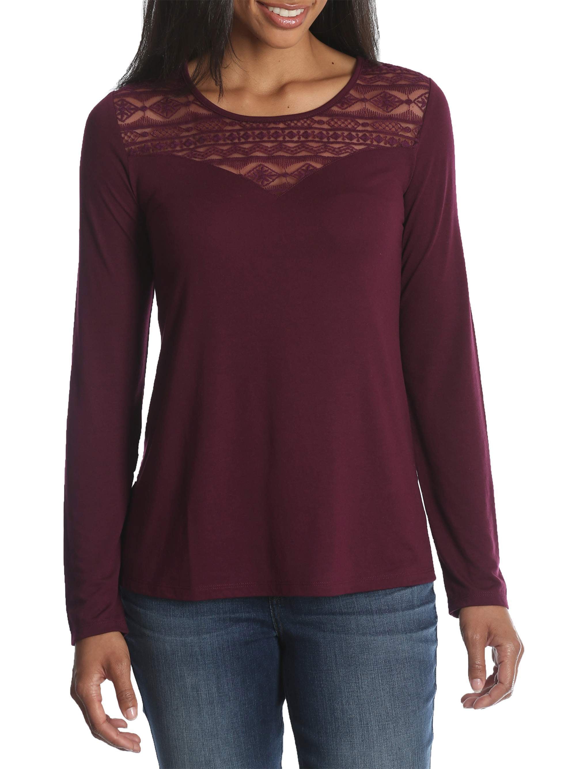 Women's Long Sleeve Knit Top with Lace Yoke