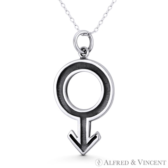 God of War Mars Male Gender Symbol Astrological Charm 37x19mm (1.5x0.75in) Pendant & Chain Necklace in Oxidized .925 Sterling Silver