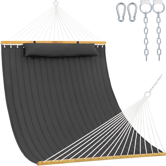 12 Ft Double Quilted Fabric Hammock with Spreader Bar and Detachable Pillow 2 Person 450 Lb Capacity Dark Gray