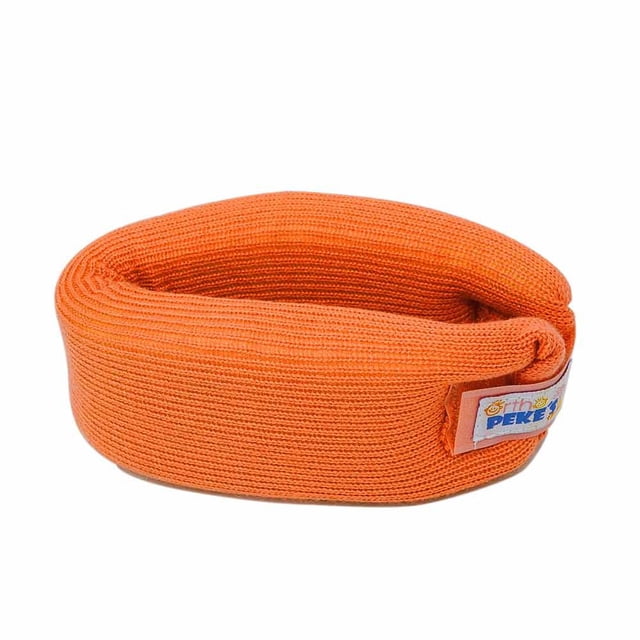 collarín cervical blando infantil naranja 12-14 años OrthoDai, vista 3/4 de collarín tubular acolchado naranja de tejido acrílico con cierre contactel visible; perfil bajo para limitar movilidad cervical en talla 12–14 (31–32 cm). Indicado para esguinces cervicales o soporte postquirúrgico según prescripción médica; a menudo se usa también como soporte temporal en rehabilitación.