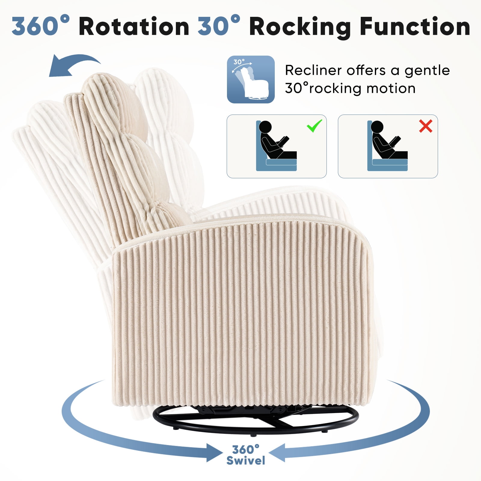 EDX 360°Swivel Nursery Chair, Comfy Chair for Bedroom, Rocking Chair with Thickened Seat Cushion, High Back Sofa Chairs for Living Room, Nursery Room and Reading Room, Beige