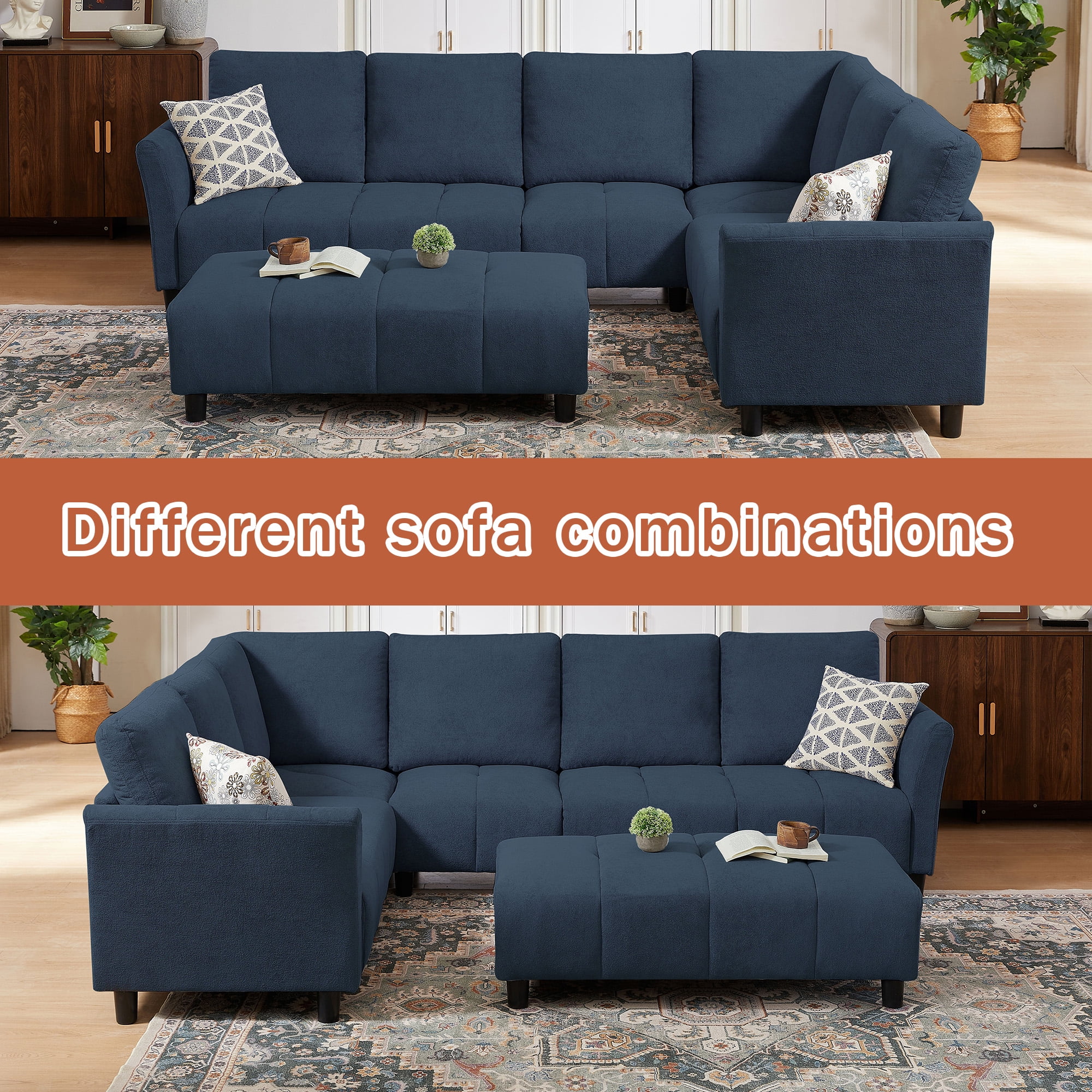 Pingliang Home 102" Convertible Sectional Sofa with Long Ottoman,Upholstered Oversized Modern 6 Seat L Shaped Couch Corner Sofa with Back Cushions for Living Room Apartment Office Studio