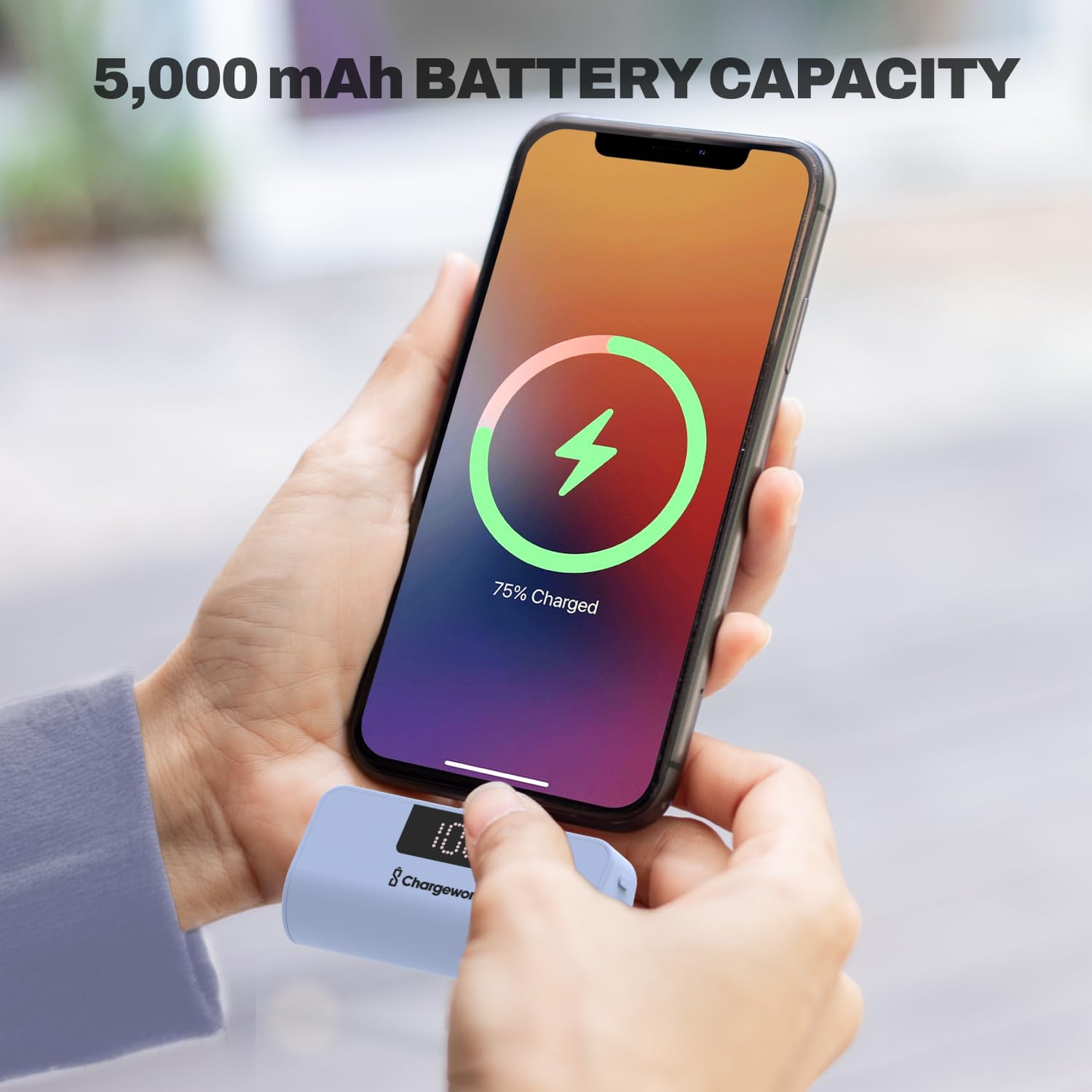 CHARGEWORX Portable Power Bank with LCD Display, Built-in Lightning Connector, Dual Charge Fast Charge Portable Charger 5000mAh, Compatible with iPhone 14, 13, 12 & Older (Coral)