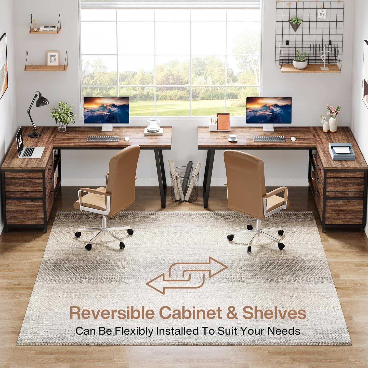 Tribesigns 53" L Shaped Office Desk, Reversible Corner Computer Desk with 3 File Drawers and 2 Storage Shelves for Home Office, Study, Gaming Room (Brown)