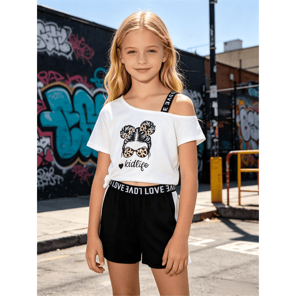 PureChapter Girls Short Sets Lettr Graphic Crop Top & Love Waistband Shorts 2 Piece Streetwear Casual Summer Clothes