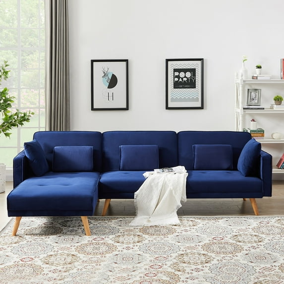 Futon Sofa Bed,Convertible Sleeper Sofa Couch Bed with Armrests and Pillows,Modern Velvet Sleeper Sofa Bed for Living Room Office,L Shaped Folding Recliner Futon Couch with Wood Legs,Blue