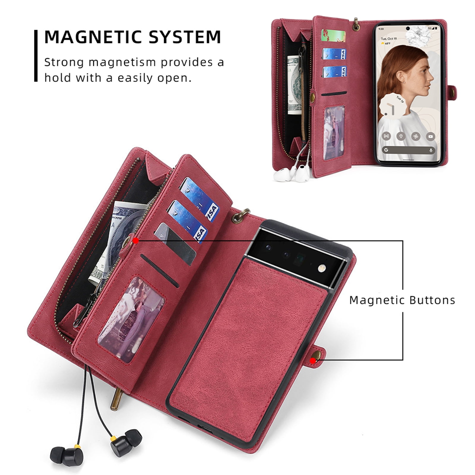 Defencase for Google Pixel 7 Pro Case for Women Men, Removable Durable PU Leather Magnetic Flip Strap Wristlet Zipper Purse Card Holder Detachable Wallet Phone Cases for Google Pixel 7 Pro, Red