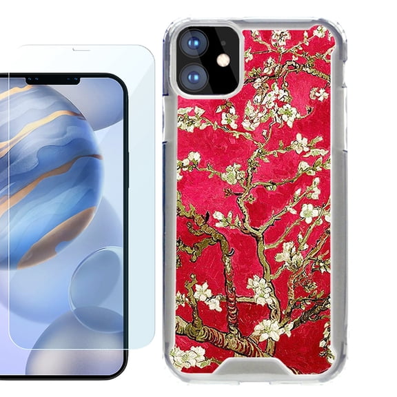 For Apple iPhone 12 Case, iPhone 12 Pro Case, Hybrid Bumper Phone case, with Tempered Glass Screen Protector, by OneToughShield ® - Almond Blossom Red