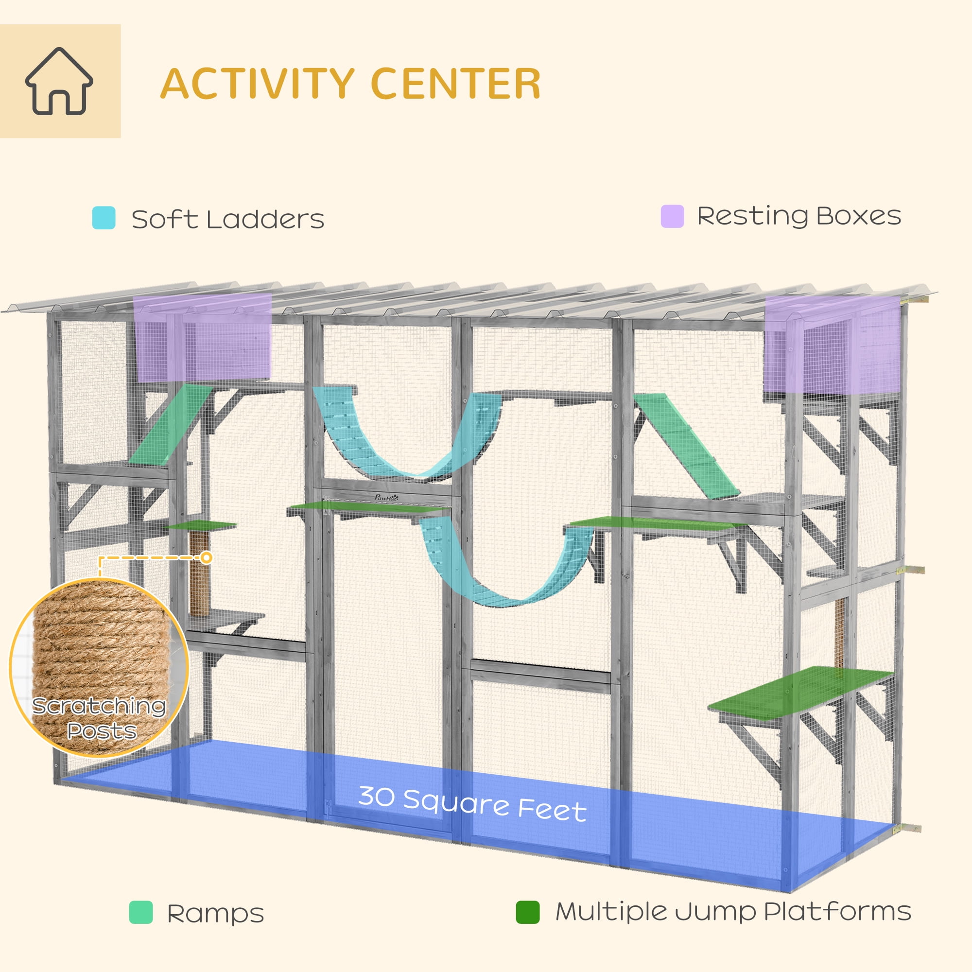 PawHut Catio Playground Outdoor Cat Enclosure, Wooden Outdoor Cat House Weatherproof for Multiple Cats, Shelves & Bridges, Gray
