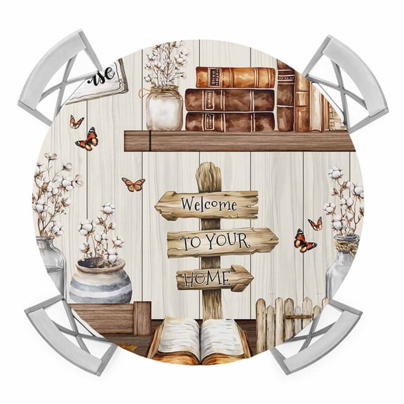 Farmhouse Vintage Round Tablecloth for 36-44 Inch Tables,Fitted Table Cover with Elastic Edge,Country Cotton Book Butterfly Art Waterproof Outdoor Table Cloth Protector for Patio Garden Dinner Picnic