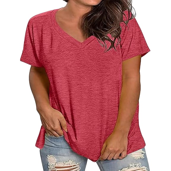 Htigea Women's Plus Size Short Sleeve Tops Summer V-Neck Tunic Tees Casual Loose Fit T Shirts Solid Color Basic Tshirts Red XL