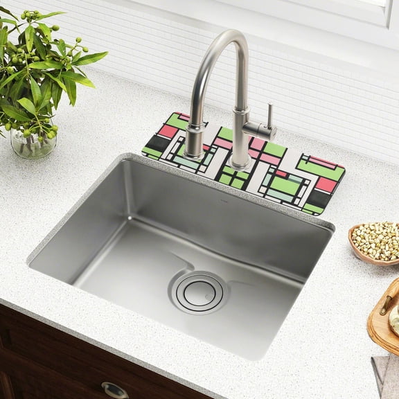 Yayeee Faucet Mat for Kitchen Sink 14.7" Diatomite Long Splash Guard Pad, Green Abstract Geometric