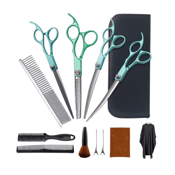 Kit De Tijeras Barbero Estilista Cortadoras De Cabello 12pcs plata con verde