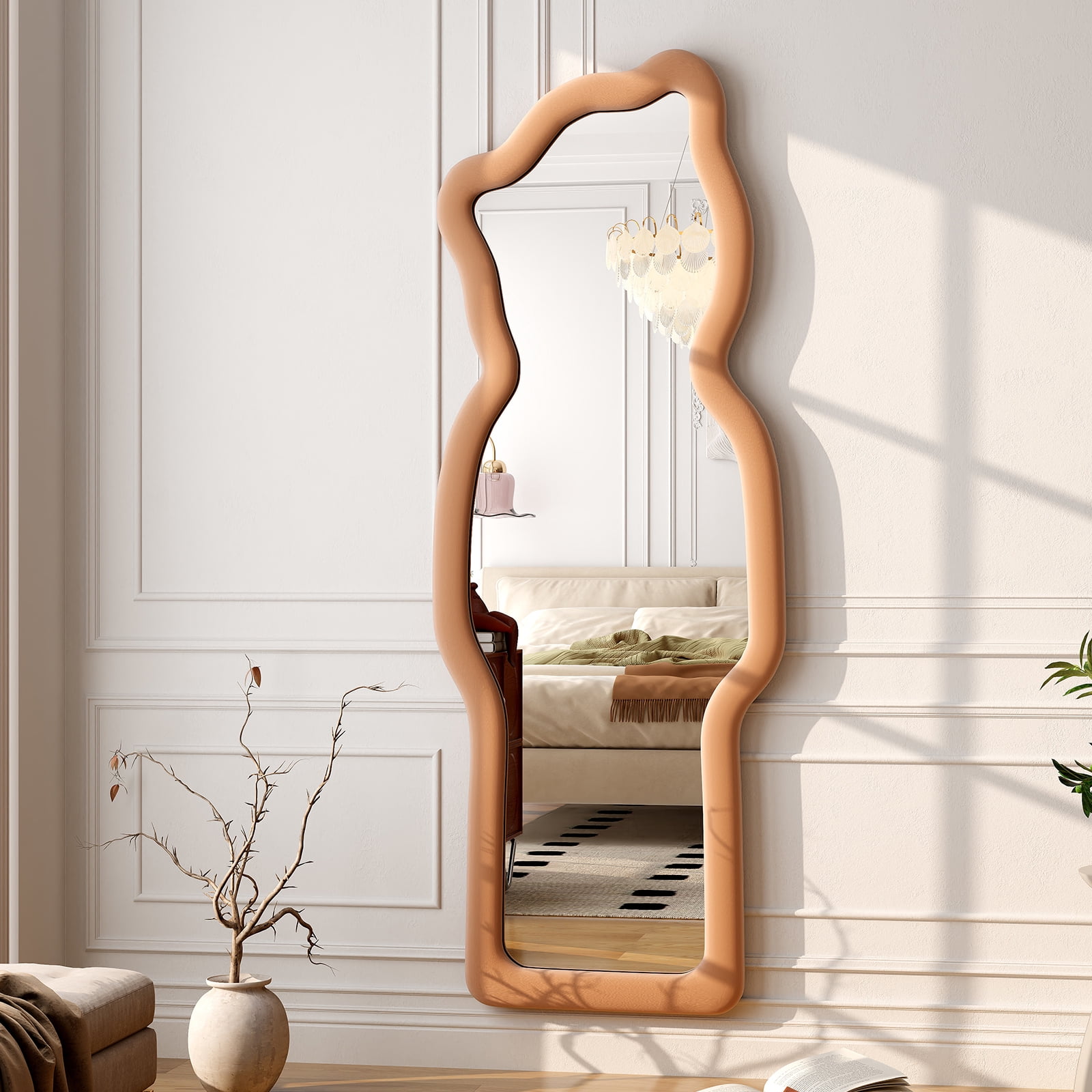Puremirror 63"x24" Irregular Full Length Mirror Floor Mirror with Flannel Frame, Brown