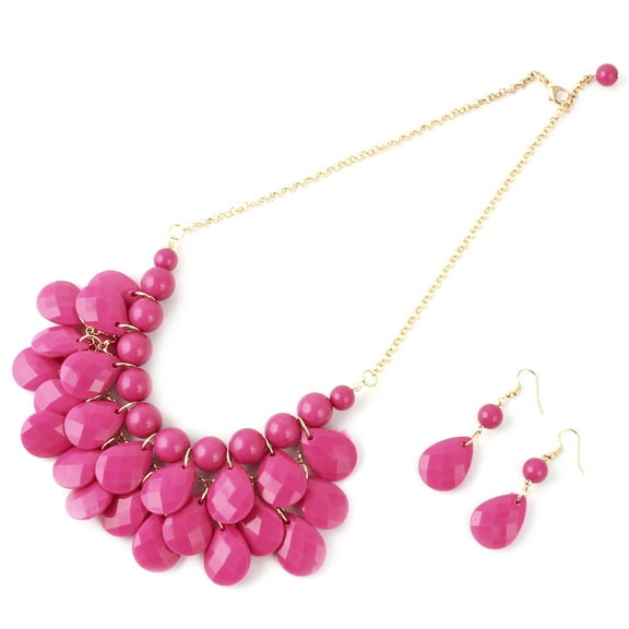 Women Plastic Bead Metal Beach Style Drop Neck Necklace Earring Set Fushcia