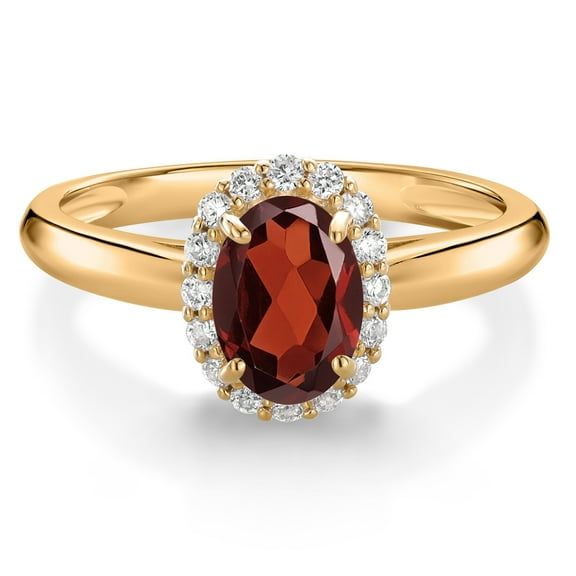 Gem Stone King 10K Yellow Gold Red Garnet and White Lab Grown Diamond Halo Engagement Ring for Women (1.00 Cttw, Gemstone January Birthstone, Oval 7X5MM, Size 5)