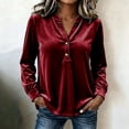 thumbnail image 2 of Women's Elegant Velvet Henley Blouse V Neck Long Sleeve Loose Tunic Shirts Dress Tops Fall Winter Business Casual Party Outfits Wine, 2 of 6