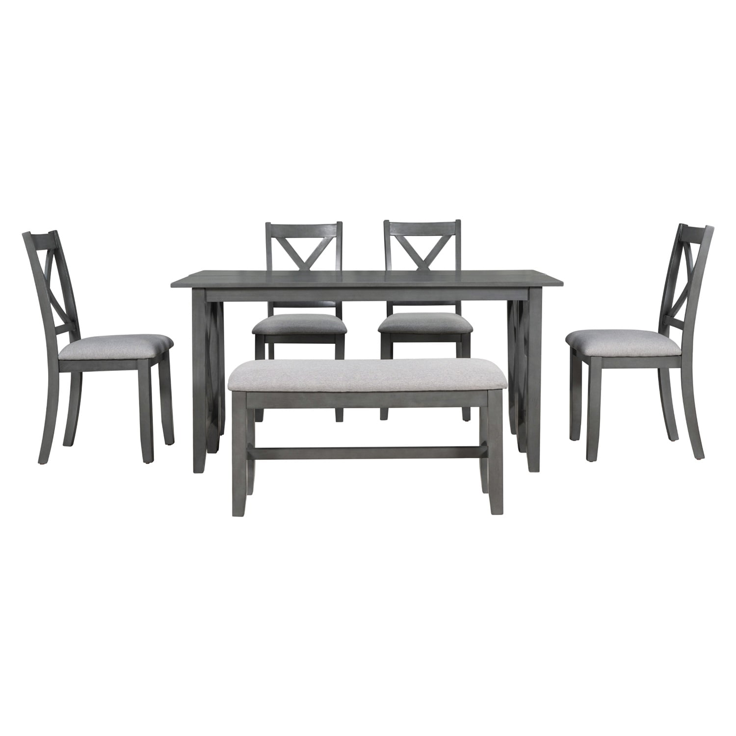 Kadyn Dining Table Set for 6, Living Room Table Set with Foldable Table and 4 Chairs with Bench, 6-piece Family Dining Room Set for Dining Room, Gray Kadyn Dining Table Set for 6, Living Room Table Set with Foldable Table and 4 Chairs with Bench, 6-piece Family Dining Room Set for Dining Room, Gray