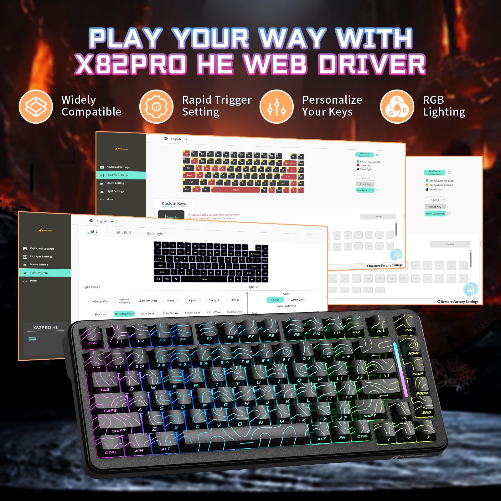 ATTACK SHARK X82PRO HE 75% Wireless Rapid Trigger Magnetic Keyboard, 8K Wired Gaming Keyboard, Hall Effect Switches Adjustable Actuation, QWERTY, RGB Backlit, C01 RGB Coiled Cable -Black