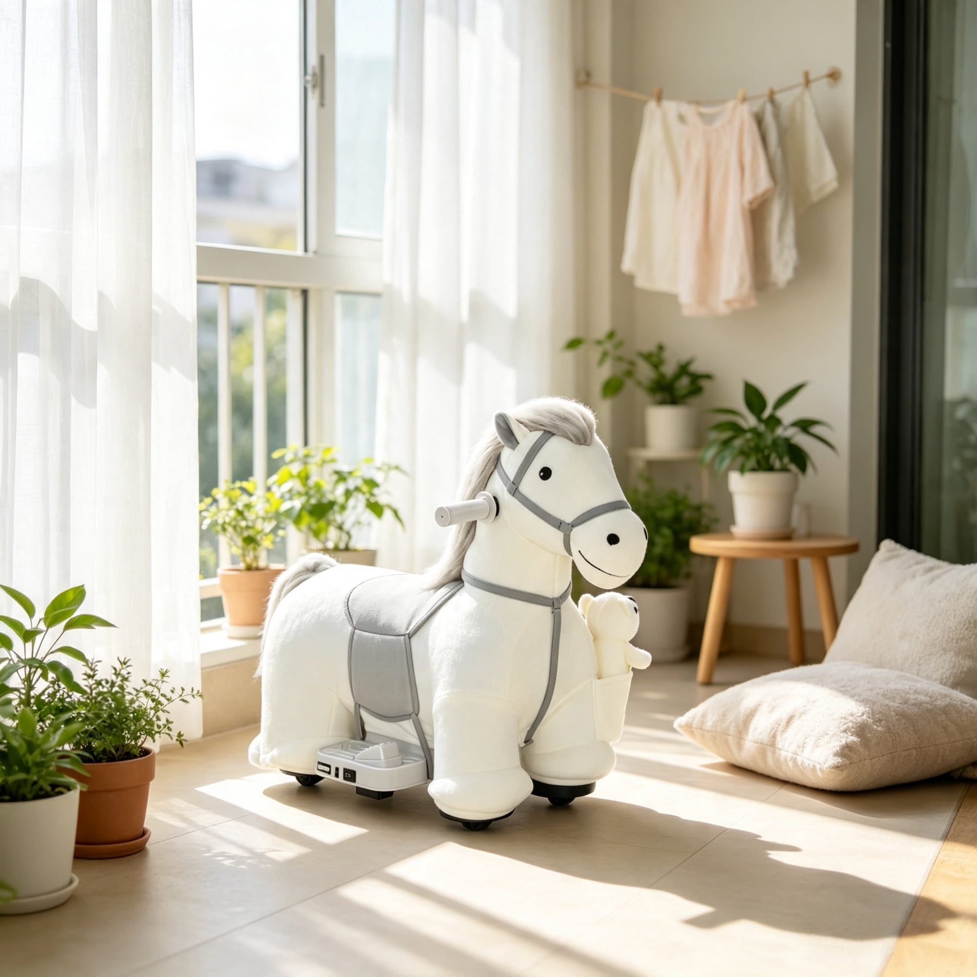 6V Battery Powered Kids Ride On Pony, Electric Ride On Horse, with Bear Toy, Music, for 1.5-5 Years Old