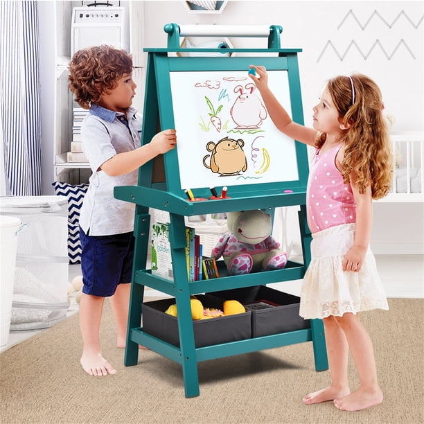 Caballete para niños Costway 3 en 1 con 2 repisas 2 cajas y Amplia Bandeja Azul 59 x 50 x 117 cm