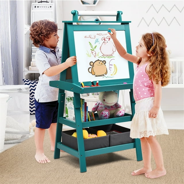 Caballete para niños Costway 3 en 1 con 2 repisas 2 cajas y Amplia Bandeja Azul 59 x 50 x 117 cm