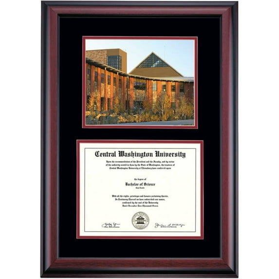 OCM Diploma Frame for Central Washington University, Black/Maroon Mat with Student Union Photograph, 24" x 17"