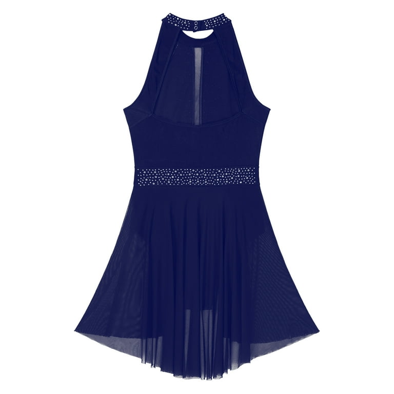 DPOIS Women Glitter Rhinestone Lyrical Dance Dress Ballet
