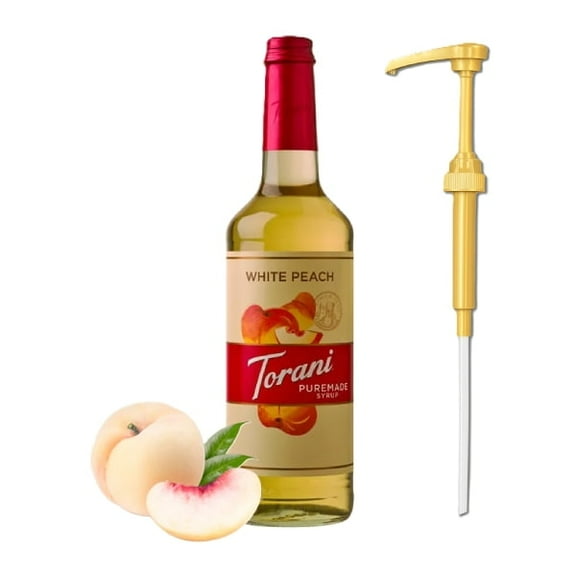 Torani Puremade White Peach Flavouring Syrup, 25.4 fl oz (750ml) Glass Bottle with Absol Gold Pump