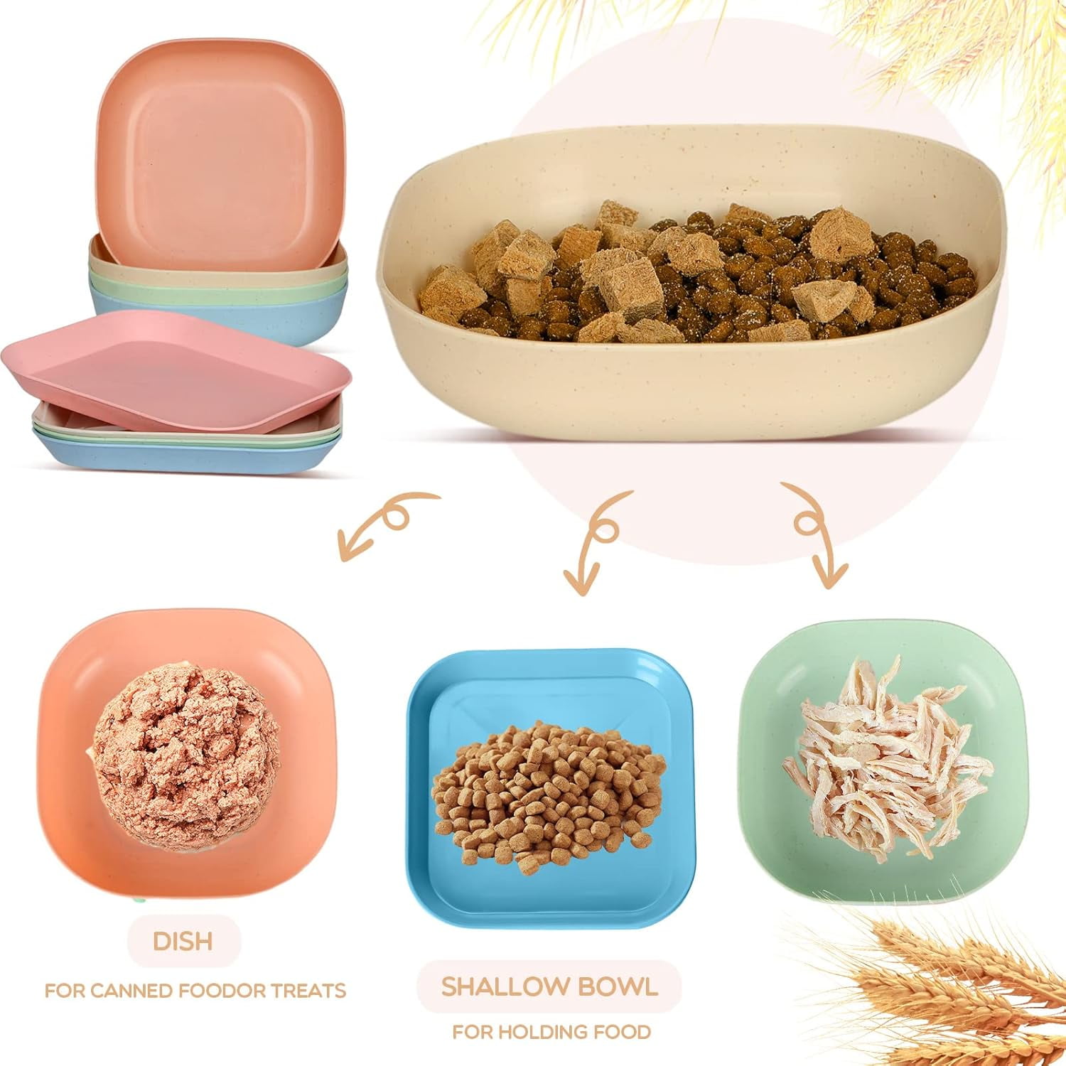 8-Piece Cat Food Bowl Set, 6-Inch Wide Shallow Cat Dish for Whisker Relief, Small Flat Pet Feeding Dish or Plate