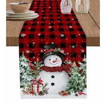 Red Plaid Snowman Christmas Burlap-Cotton Table Runner 90 Inches Long,Green Xmas Tree Snowflake Farmhouse Table Runners,Outdoor Dining Tablecloths Decor for Baby Shower Party Wedding 13x90
