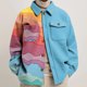 thumbnail image 3 of Chaqueta de hombre Cuello vuelto Bloque de color Manga larga Estampado Abrigo con botones de una sola fila con 2 bolsillos para otoño Azul XXL, 3 of 5