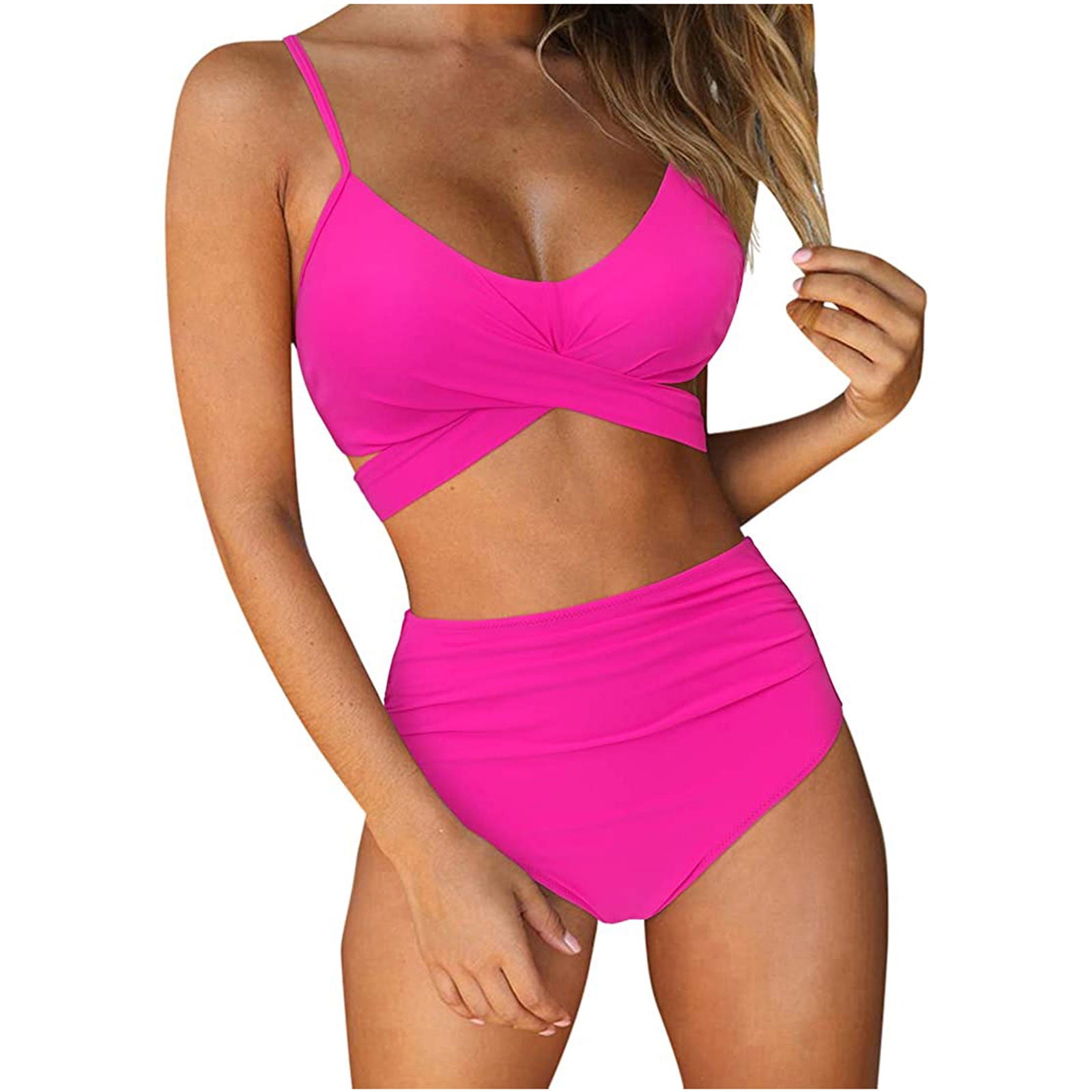 IUGA High Waisted Bikini Sets for Women Wrap Push Up Two Piece Swimsuits  Tummy Control Crossover Swim Bathing Suit Hot Pink