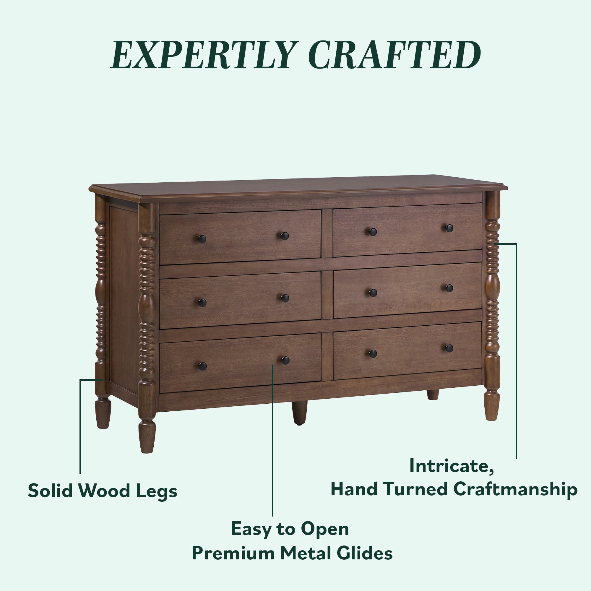 Vivienne Walker Edison Easy Assembly Solid Wood Spindle 6-Drawer Dresser - Dark Brown