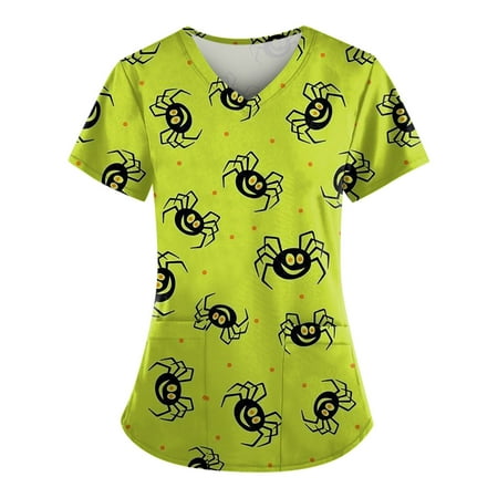 

Sksloeg Womens Scrub Tops Stretchy Pumpkin Cat Bat Print Top Comfortable Easy Lightweight Workwear V-Neck Scrub Top With Pockets Green XL