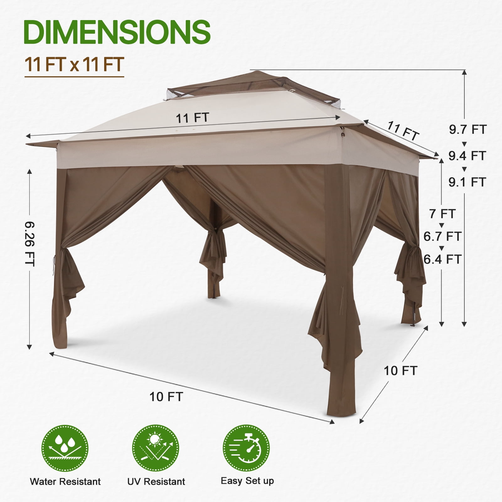 COOS BAY 11x11 Pop-up Instant Gazebo Tent with 4 Sidewalls Outdoor Canopy Shelter,Beige