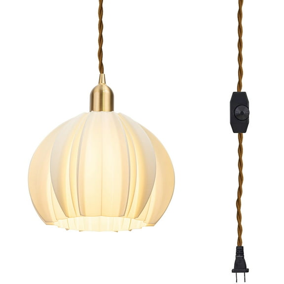Kiven Plug in Pendant Light, Farmhouse Hanging Light Fixture with White Plastic Lampsade, E26 Socket Dimmable Pendant Light for Bedroom Hallway Kitchen DZ0540