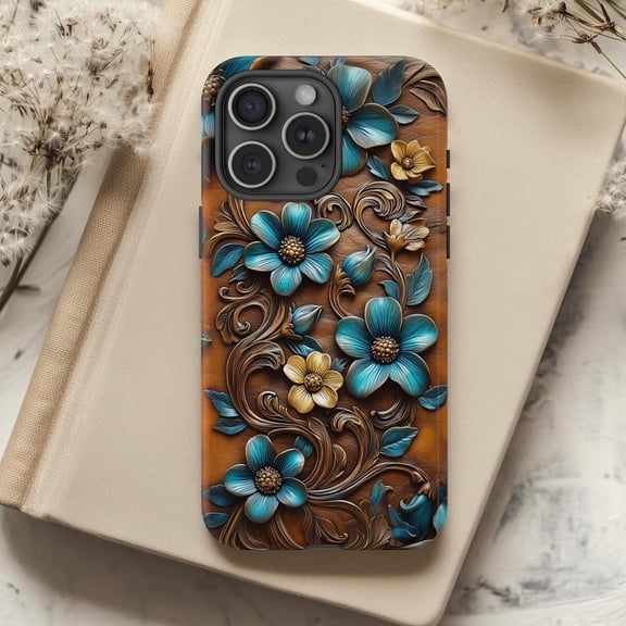 Tooled Leather Turquoise Flower Western Boho Cowboy Style A715 Protective Case for iPhone 17 16 15 14 13 12 11 Pro Max