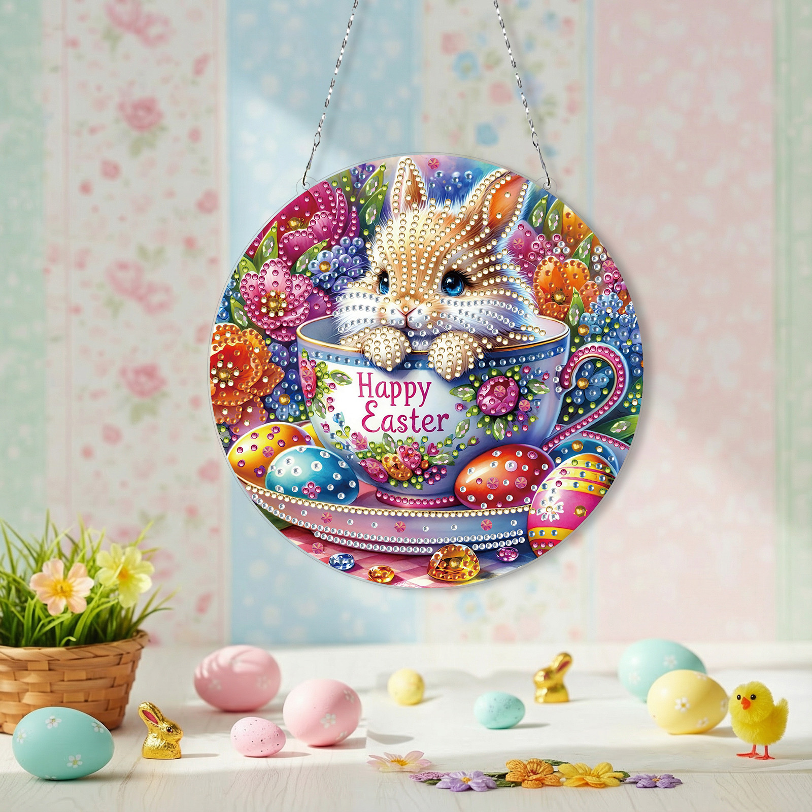 FLOPESN Circular Traditional-Style DIY Diamond Art Painting Pendant Easter Creative Design PET Material Home Decor Pendant