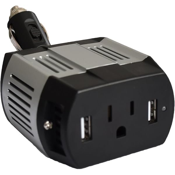 Inversor de potencia de onda sinusoidal modificada compacto de 100 W con protección contra sobretensiones de 300 W y enchufe USB ajustable.